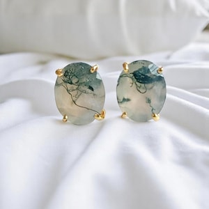 Natural Moss Agate Studs - Gemstone Studs - Agate Earrings - 925 Sterling Silver - Moss Agate Jewelry - Oval Agate Studs - Women Earrings