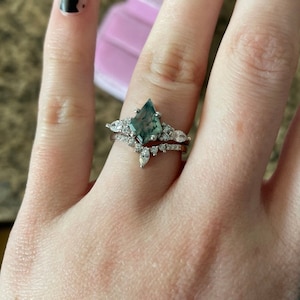 Natural Moss Agate Ring, Engagement & Wedding Ring, Bridal Ring Set, Kite Cut Moss Ring, Moss Agate Jewelry, 925 Sterling Silver Ring