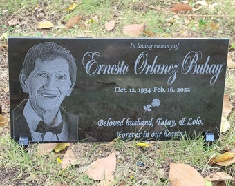 Custom Black Granite Human Memorial Stone with Two Holders, Human Temporary Headstone, Tombstone, Pet Headstone, Human Grave Marker