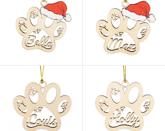 Décorations de Noël personnalisées empreintes de pattes, bois gravé avec nom de chien, cadeau personnalisé pour chien, ornement commémoratif d'animal de compagnie, décoration d'arbre de Noël