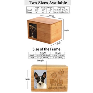 Peut inclure: Deux tailles de urnes fun&eacute;raires en bois pour animaux de compagnie avec un cadre photo. La petite urne mesure 16 cm de long, 11 cm de large et 11 cm de haut. La grande urne mesure 20 cm de long, 15 cm de large et 15 cm de haut. Les urnes sont en bambou et ont une finition en bois naturel. Les urnes conviennent aux animaux de compagnie pesant jusqu'&agrave; 36 kg et 100 kg, respectivement.