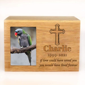 Peut inclure: Une bo&icirc;te comm&eacute;morative en bois pour animal de compagnie avec une photo d'un perroquet vert et gris. La bo&icirc;te est grav&eacute;e d'une croix et du nom "Charlie". Le texte "1999-2021" est &eacute;galement grav&eacute; sur la bo&icirc;te. Le texte "si l'amour avait pu te sauver, tu aurais v&eacute;cu pour toujours" est grav&eacute; sur la bo&icirc;te.