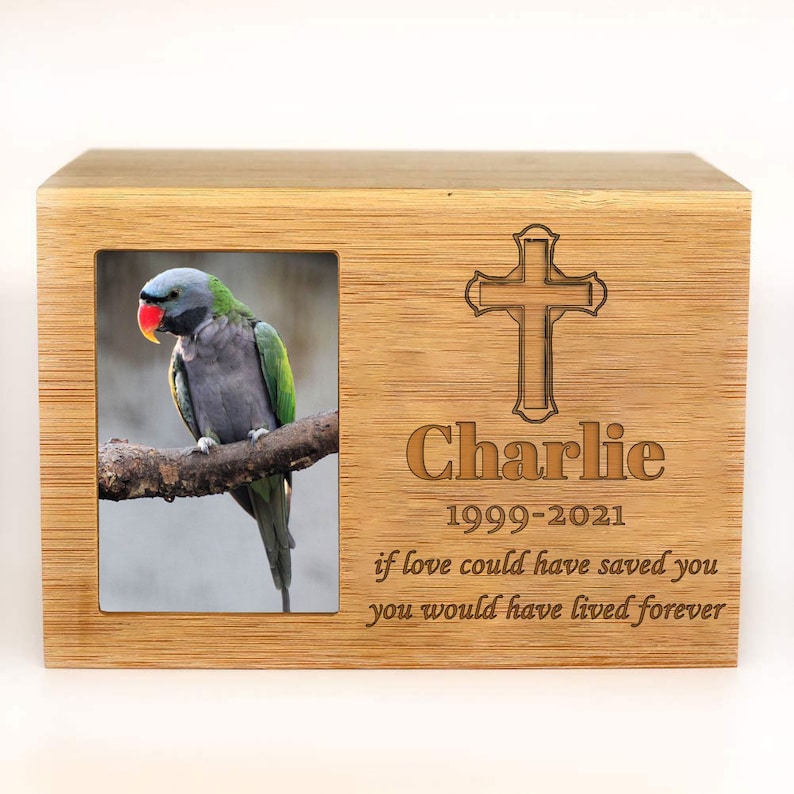 Peut inclure: Une bo&icirc;te comm&eacute;morative en bois pour animal de compagnie avec une photo d'un perroquet vert et gris. La bo&icirc;te est grav&eacute;e d'une croix et du nom "Charlie". Le texte "1999-2021" est &eacute;galement grav&eacute; sur la bo&icirc;te. Le texte "si l'amour avait pu te sauver, tu aurais v&eacute;cu pour toujours" est grav&eacute; sur la bo&icirc;te.