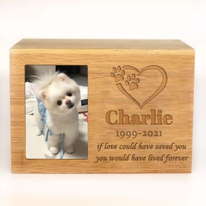 Peut inclure: Bo&icirc;te comm&eacute;morative en bois pour animaux de compagnie avec un cadre photo et un texte grav&eacute;. Le cadre montre un chien blanc portant des v&ecirc;tements bleus. Le texte dit "Charlie 1999-2021 si l'amour avait pu te sauver tu aurais v&eacute;cu pour toujours".