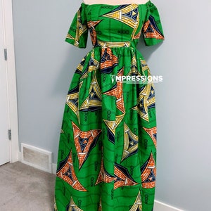 African print (traditional) off-shoulder dress/Ankara gown / Green fabric / African fabric for women/ African print dress