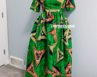 Green Ankara Gown: African Print Off-Shoulder Cotton Dress