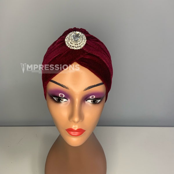 Turbans en velours avec broche pour femmes / prêt à porter / Enveloppements de tête et turbans / casquette de chimio / pré attaché / alopécie / perte de cheveux / velours / marron