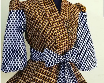 Puff sleeves Peplum jacket top/Ankara jacket with belt/African print jacket /African print shawl collar jacket/ peplum top for women/