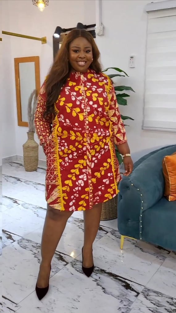 kente shirt dress African Shirt Dress In Electric Orange