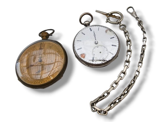 Antique Pocket Watch and Chain Two Pocket Watches Real Silver Fixer Upper Watch Etsy UK
