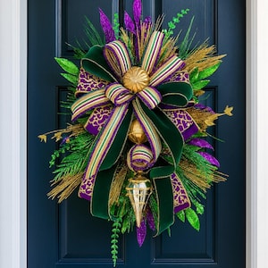 EXTRA LARGE butin de Mardi Gras, couronne de mardi gras, décor de mardi gras, couronne de la Nouvelle-Orléans, butin de porte d'entrée de mardi gras, butin fleur de lys