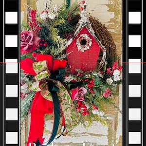 Weihnachtskranz, Winterkranz für die Haustür, verschneite Vogelhausdekoration, Türhänger mit Holly Berry, Kardinalkranz