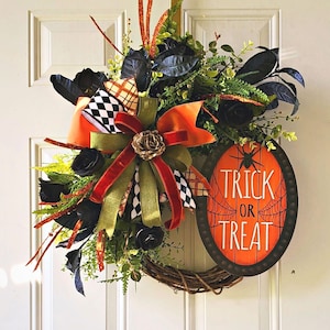 Grote Trick or Treat-krans voor voordeur, designer Halloween-krans, Halloween-deurdecor, Halloween-feest, Halloween-huisdecoratie, spinnen