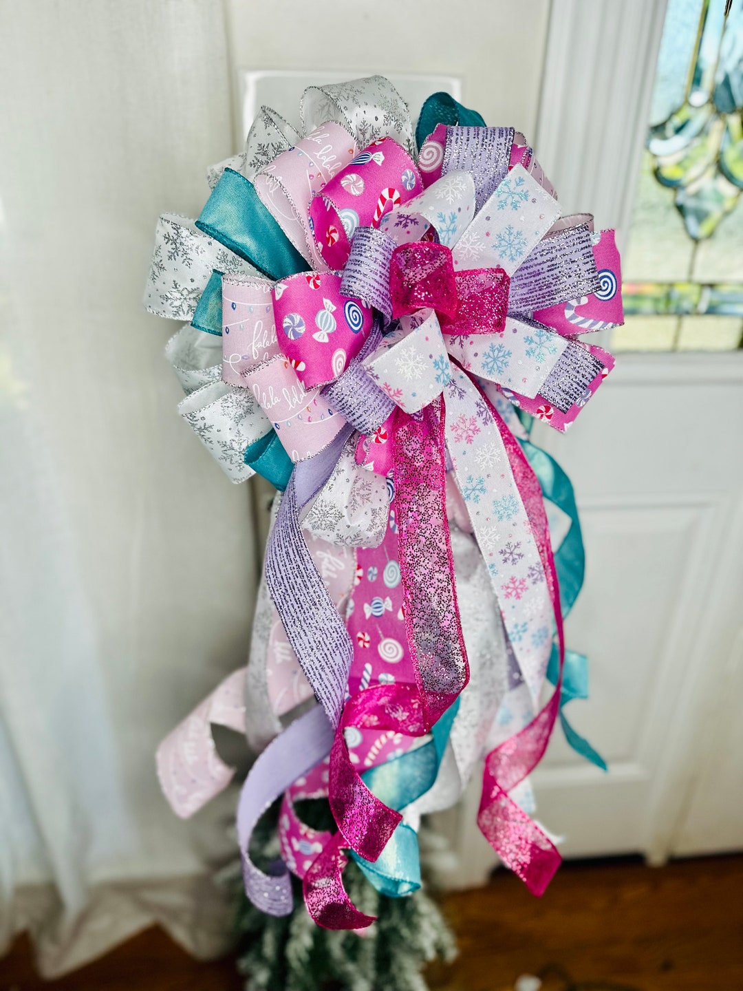 Candy Themed Christmas Tree Bow, Christmas Bow Topper, Christmas Tree