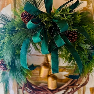 Real touch Cedar and Pine Decorative Bells Wreath, Christmas Wreath, Farmhouse Decor, Bell Farmhouse Wreath, Winter Wreath, Pine cone Wreath