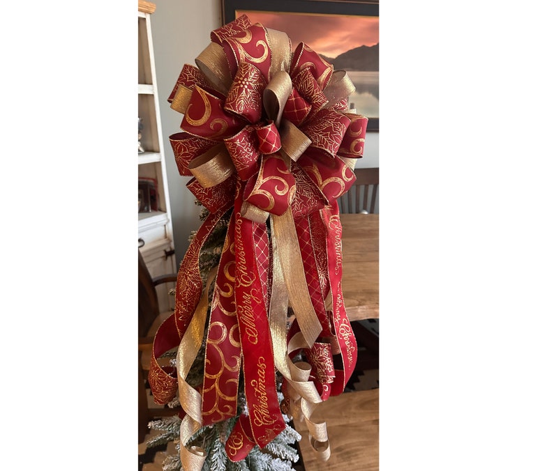 Burgundy and Gold Christmas Tree Bow Christmas Bow Topper Etsy