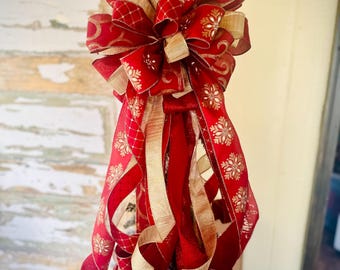 Dark Red and Gold Christmas Tree Bow, Christmas Bow Topper, Christmas Tree Topper bow, Christmas Bow for top of Christmas Tree with ribbon