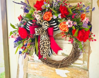 Grande couronne de porte, couronne de porte d'entrée, couronne léopard, couronne florale d'été, couronne de porte d'été, couronne d'été, couronne de porte, décoration d'été