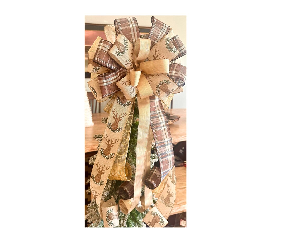 Rustic Deer Tree Topper Bow, Christmas Tree Topper Bow, Woodland Tree
