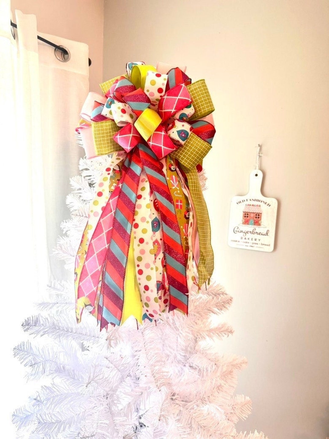 Pink and Green Tree Topper Bow, Christmas Tree Topper, Candyland, Pink