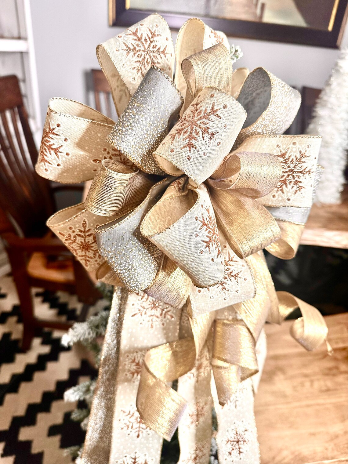 Gold and White Tree Topper Bow Christmas Bow Topper Etsy