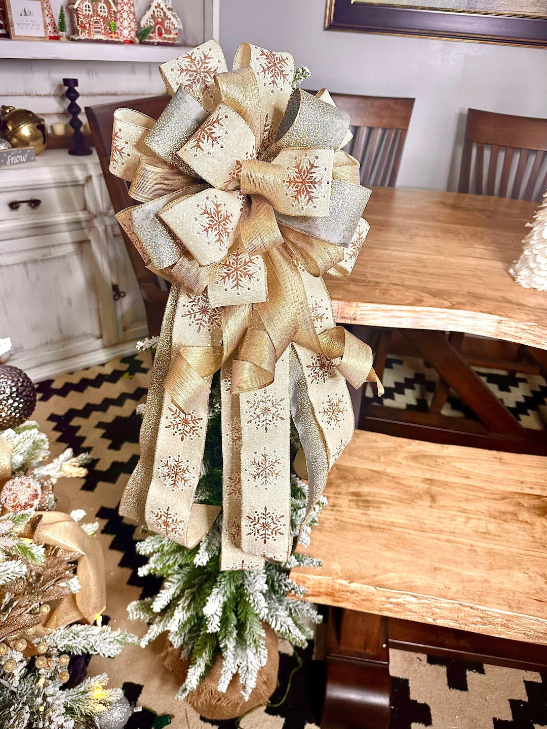 Gold and White Tree Topper Bow, Christmas Bow Topper, Christmas Tree