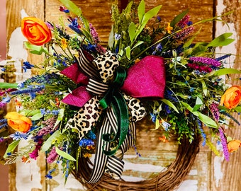 Large Wildflower Door Wreath: Leopard Print Bow, Summer Floral Decor