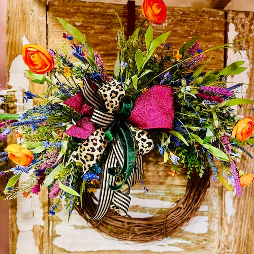 Corona grande de flores silvestres para puerta, Corona grande para puerta principal, Corona para puerta principal, Corona de leopardo, Corona floral de primavera, Coronas dobles para puerta