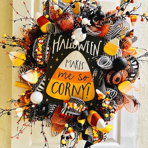Grande ghirlanda di Halloween, ghirlanda di Halloween per la porta d'ingresso, ghirlande per la porta d'ingresso, ghirlanda di Halloween con caramelle di mais, ghirlanda di caramelle, grande ghirlanda autunnale