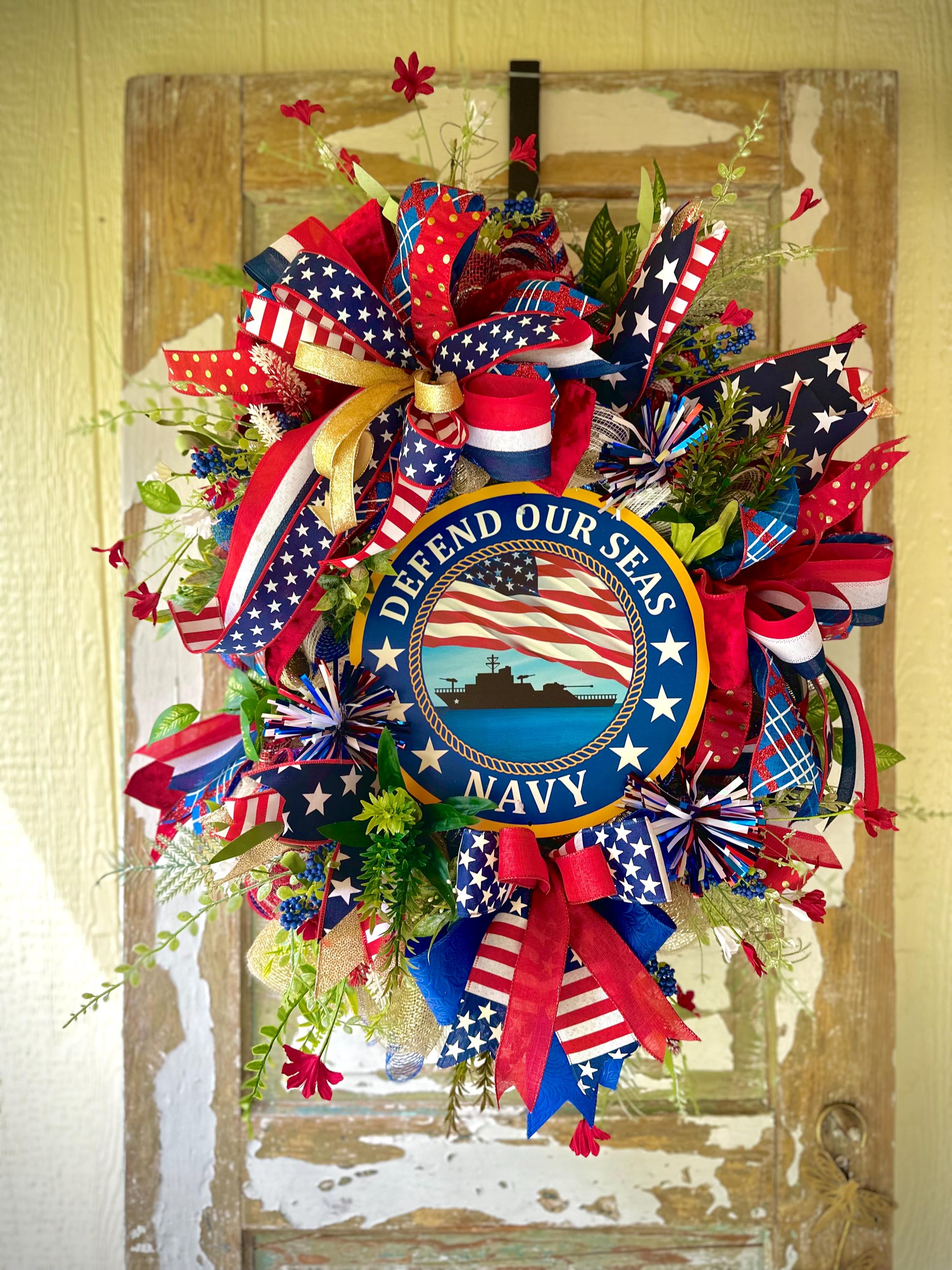 US Navy Wreath, US Navy Patriotic Wreath, Military Door Decor, 4th of July Navy Wreath, Red White Blue Wreath, Support Our Troops Gift
