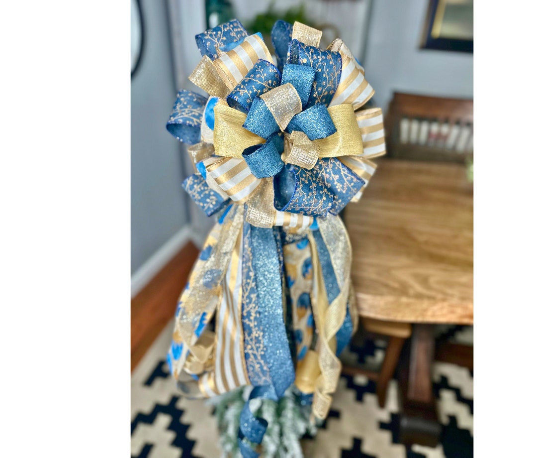 Navy Blue and Gold Christmas Tree Bow, Christmas Bow Topper, Christmas