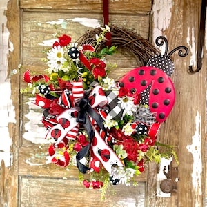 Corona de puerta grande, corona de puerta principal, corona de mariquita, corona floral de mariquita, corona de puerta de verano, corona de verano, corona de puerta, decoración de verano