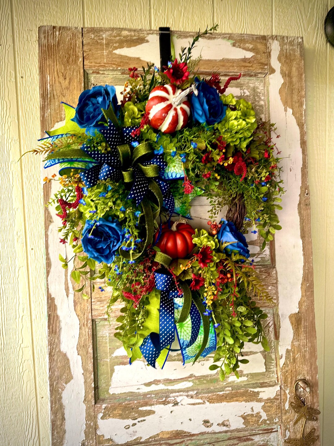 Blue & Green Fall Pumpkin Wreath: Modern Farmhouse Door Decor - Etsy