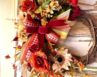 Sunflower Fall Wreath, Sunflower Wreath, Front Door Wreath, Fall Wreaths for Front Door, Fall Decor, Fall Sunflower Floral Wreath