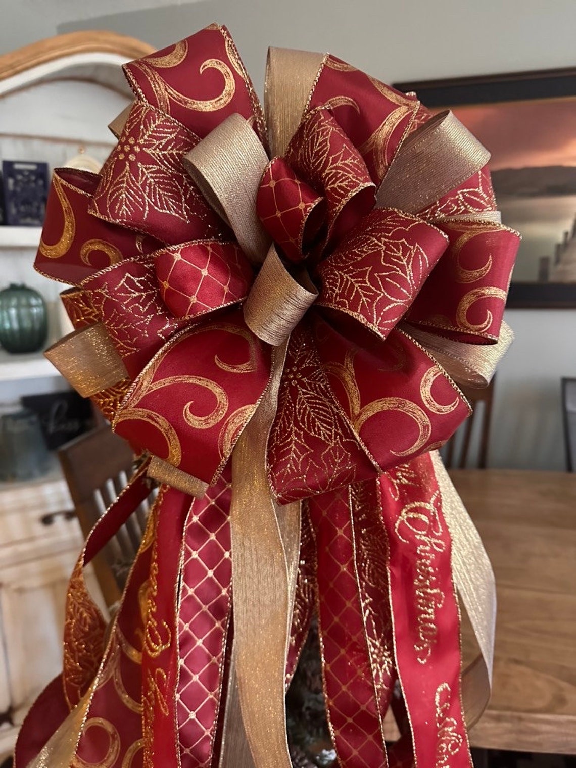 Burgundy and Gold Christmas Tree Bow Christmas Bow Topper Etsy