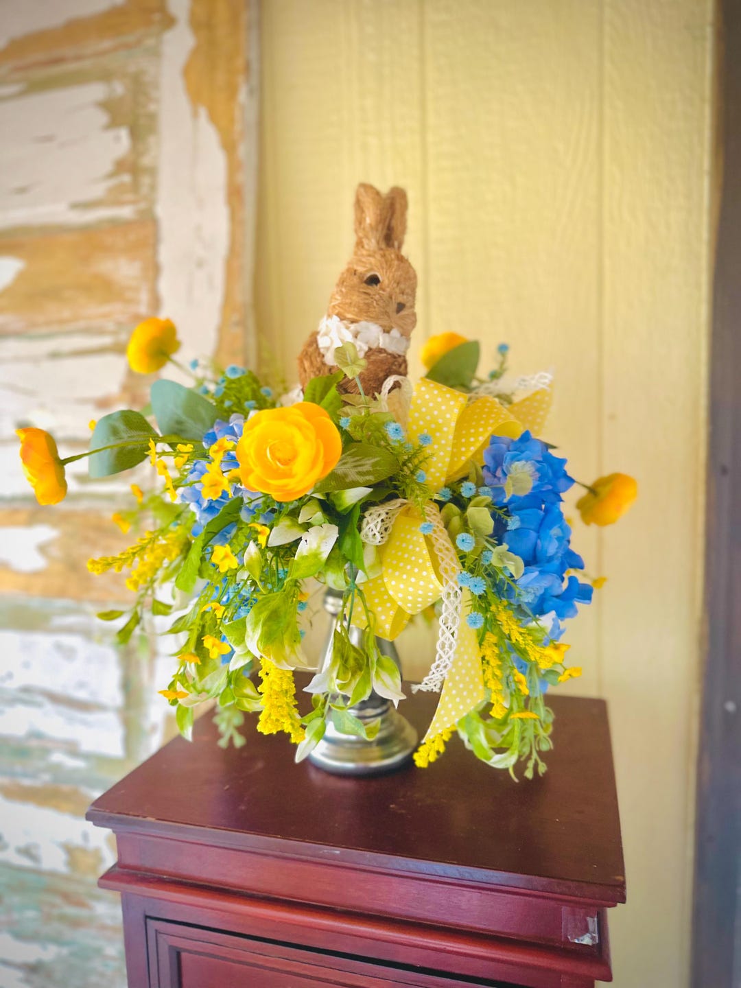 Spring Bunny Centerpiece, Easter Table Decor, Yellow and Blue Floral ...
