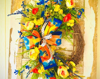 Grande couronne de porte, couronne de porte d'entrée, couronne d'été XL, couronne de fleurs d'été, couronne de porte d'été, couronne d'été, couronne de porte, décoration d'été