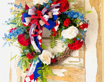 Patriotic Wreath for Front Door, Americana Decor, Memorial Day Wreath, Red White Blue Wreath, American Flag Wreath, Stars and Stripes Decor