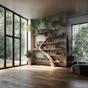 Handgefertigtes Holz-Baum-Bücherregal: Rustikale Buch- und Pflanzendekoration