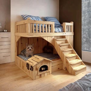 Hondenstapelbed met huisdierhok, houten bedframe met ingebouwd hondenbed en trap, handgemaakt huisdiermeubilair
