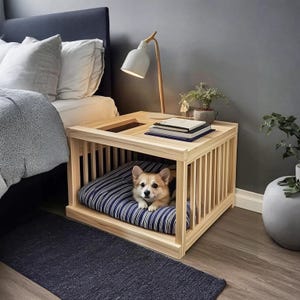 Houten nachtkastje hondenhok, handgemaakt hondenbed met bijzettafelfunctie, woondecoratie, handgemaakt hondenmeubels