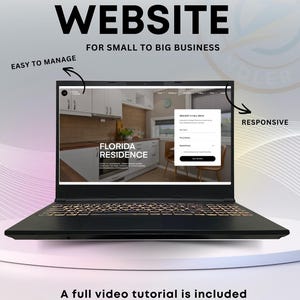 Peut inclure: Un ordinateur portable noir affichant une conception de site web avec le texte "CUSTOM WEBSITE FOR SMALL TO BIG BUSINESS." L'écran montre un site web pour "FLORIDA RESIDENCE." Le texte à l'écran dit "EASY TO MANAGE" et "RESPONSIVE."