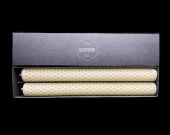 2 White Beeswax Honeycomb Taper Candles | 100% bees wax tapers | Smokeless, Dripless Candle | Ivory Pair of tall, long burning candlesticks