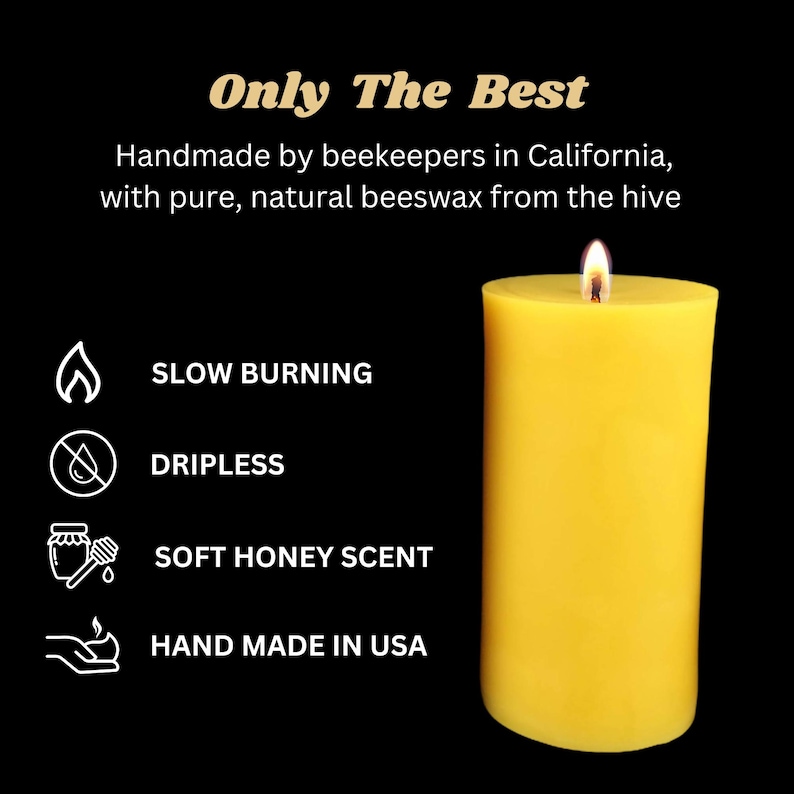 Pu&ograve; includere: Una candela di cera d'api gialla con una fiamma accesa, su sfondo nero. Il testo recita "Only The Best", "Handmade in USA", e descrive la candela come a combustione lenta, antigoccia e con un delicato profumo di miele.