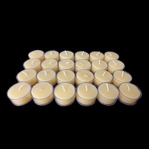 24 raw beeswax tea light candles in clear cups made from beeswax cappings