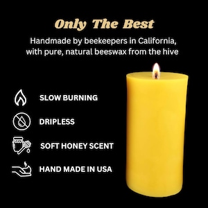 May include: A yellow beeswax candle with a flame on top. The candle is labeled "Slow Burning", "Dripless", "Soft Honey Scent", and "Hand Made in USA".