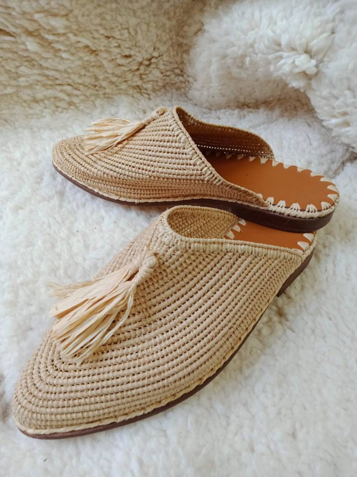 raffia flat mules
