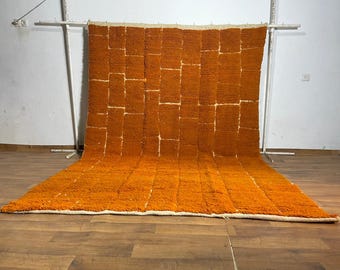 orange rug, handmade rug, Moroccan rug, Berber rug, Beni Ourain style, wool rug, geometric rug, modern design rug, area rug, handwoven rug
