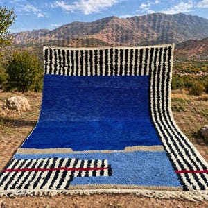 Custom Handmade Moroccan Wool Rug, Bold Blue Field with Black and White Stripes, Modern Berber Geometric Design, Unique Artisan Carpet