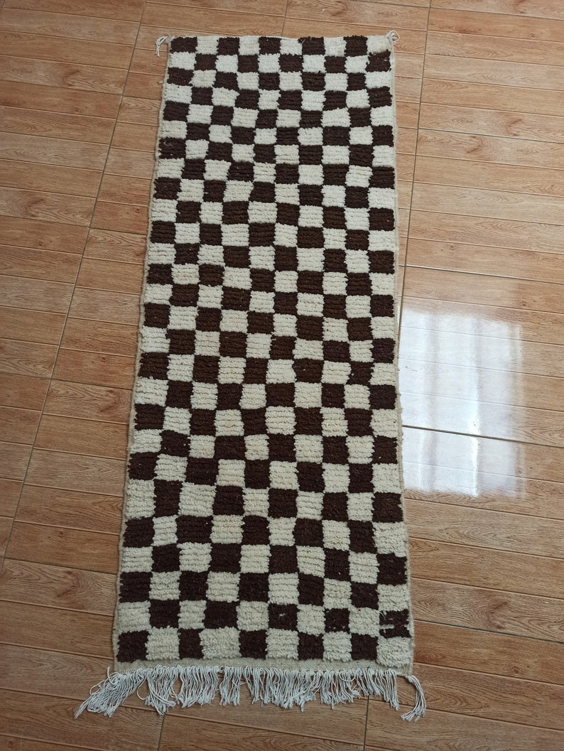 Brown Color Checkered Hallway Rug